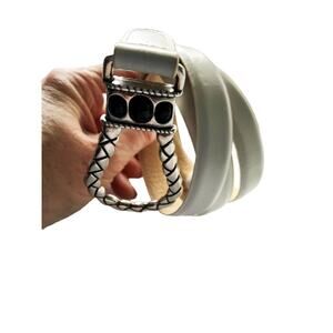 White Skinny Genuine Leather Belt Silver Buckle Size XL B75